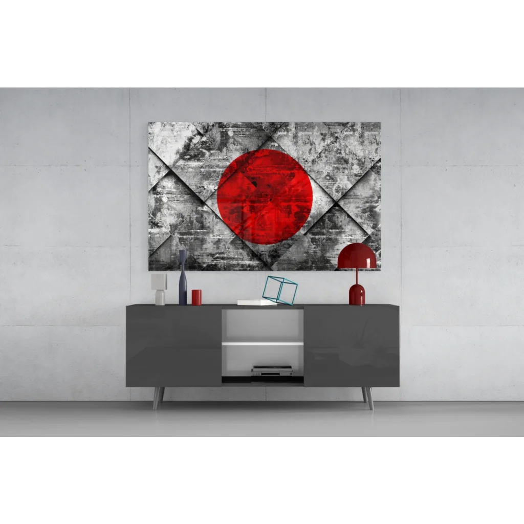 Bold red circle on textured gray white abstract canvas wall art