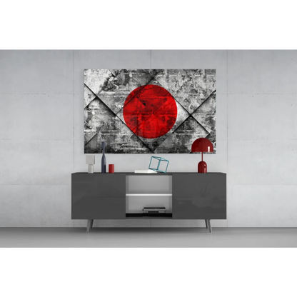 Bold red circle on textured gray white abstract canvas wall art