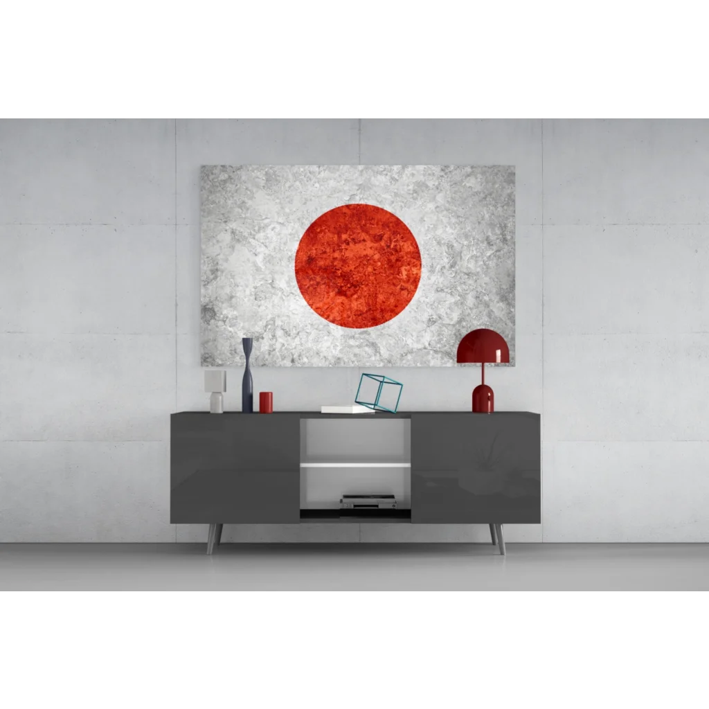 Vibrant red Japanese flag motif on textured silver-gray canvas wall art print