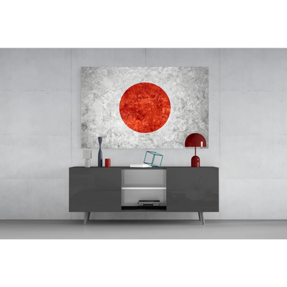 Vibrant red Japanese flag motif on textured silver-gray canvas wall art print