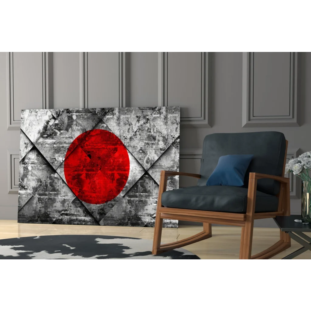 Bold red circle on textured black and white geometric canvas wall art