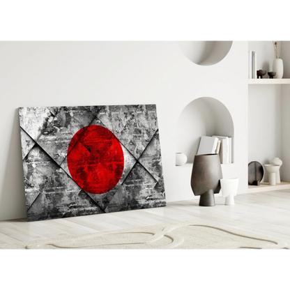 Bold red circle abstract canvas wall art on textured black-and-white background