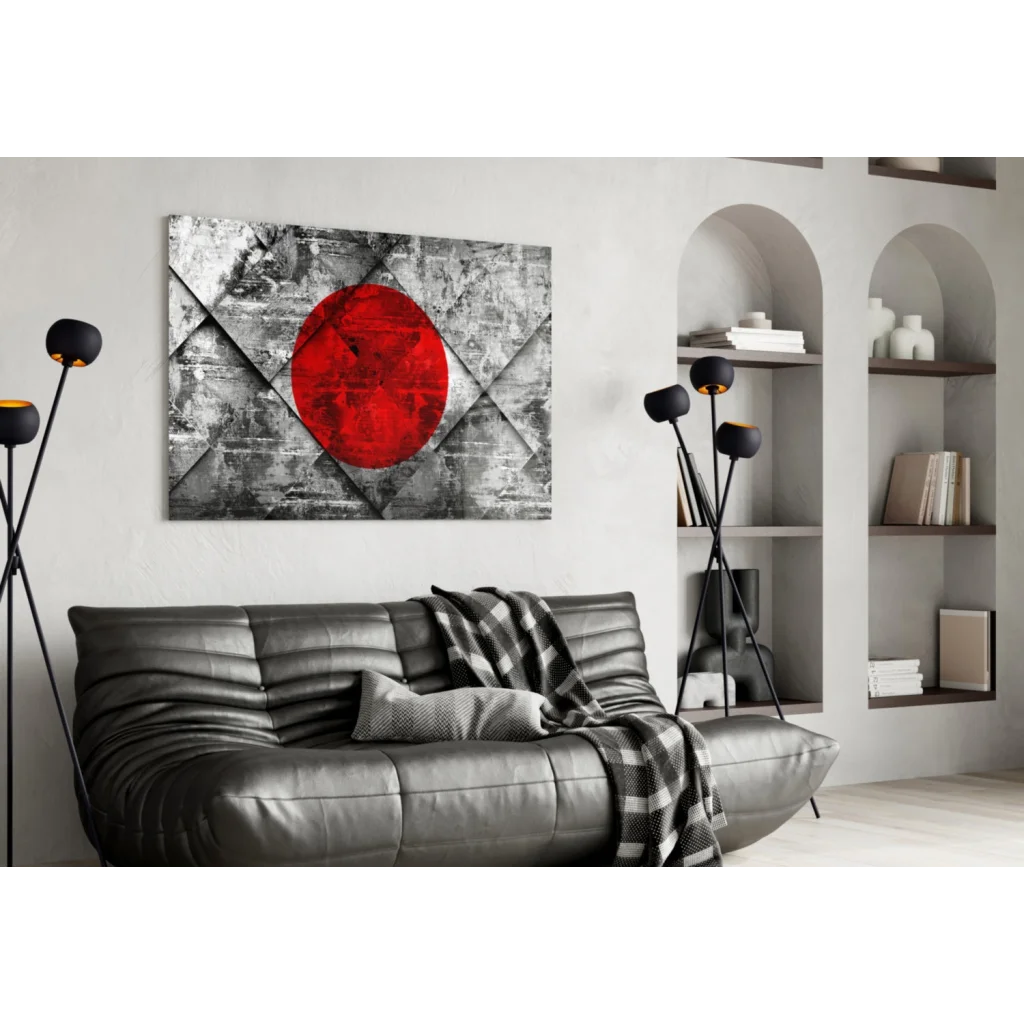 Vibrant red circle abstract wall art on textured gray background