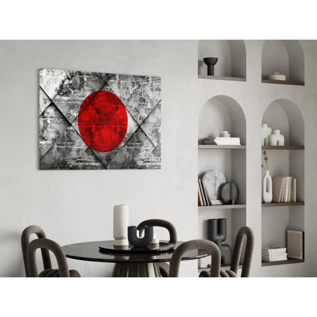 Bold red circle on textured gray black abstract canvas wall art