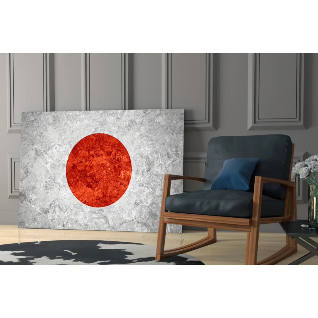 Japanese flag textured canvas wall art print with metallic silver background