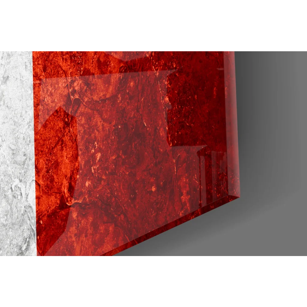 Vibrant red translucent glass wall art with marbled texture and Mexican flag eagle
