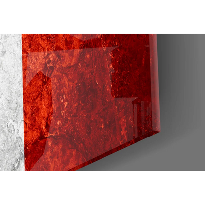 Vibrant red translucent glass wall art with marbled texture and Mexican flag eagle