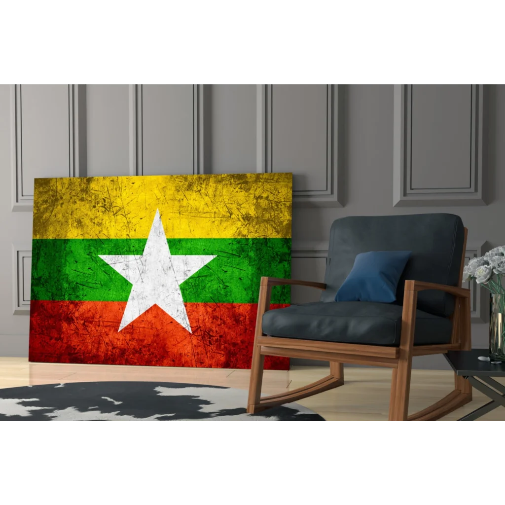 Distressed Myanmar flag canvas wall art with vibrant weathered texture