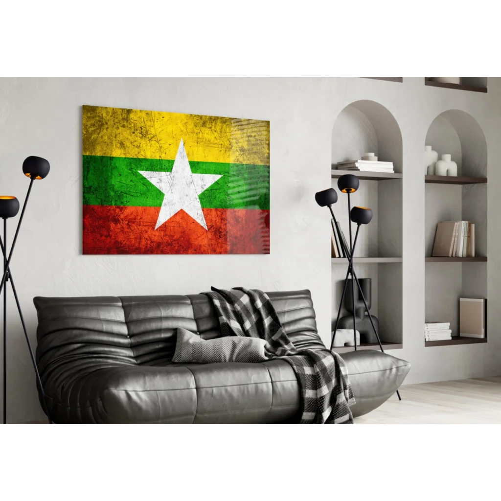 Distressed Myanmar flag canvas wall art with weathered texture