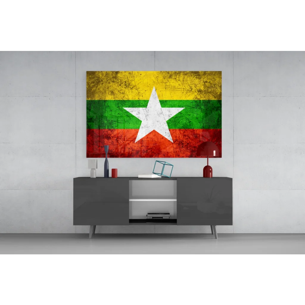 Distressed Myanmar flag canvas wall art with weathered texture