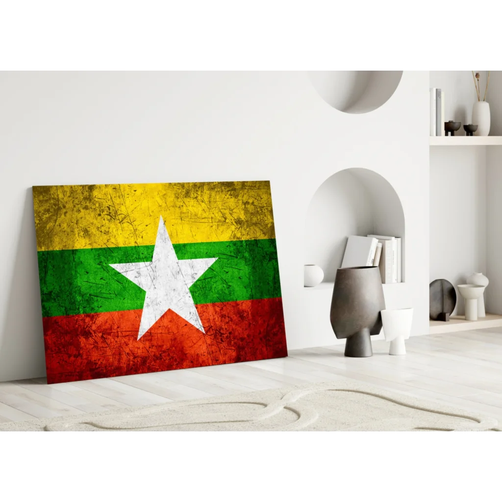 Distressed Myanmar flag canvas wall art with weathered texture