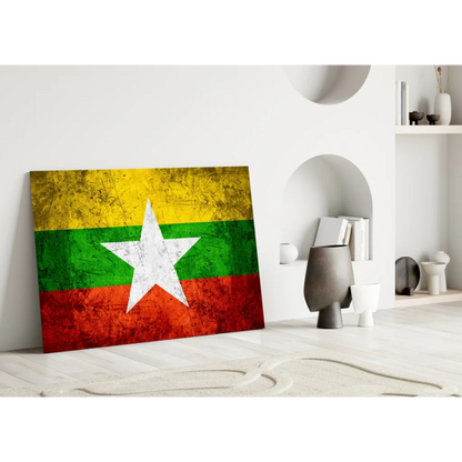 Distressed Myanmar flag canvas wall art with weathered texture