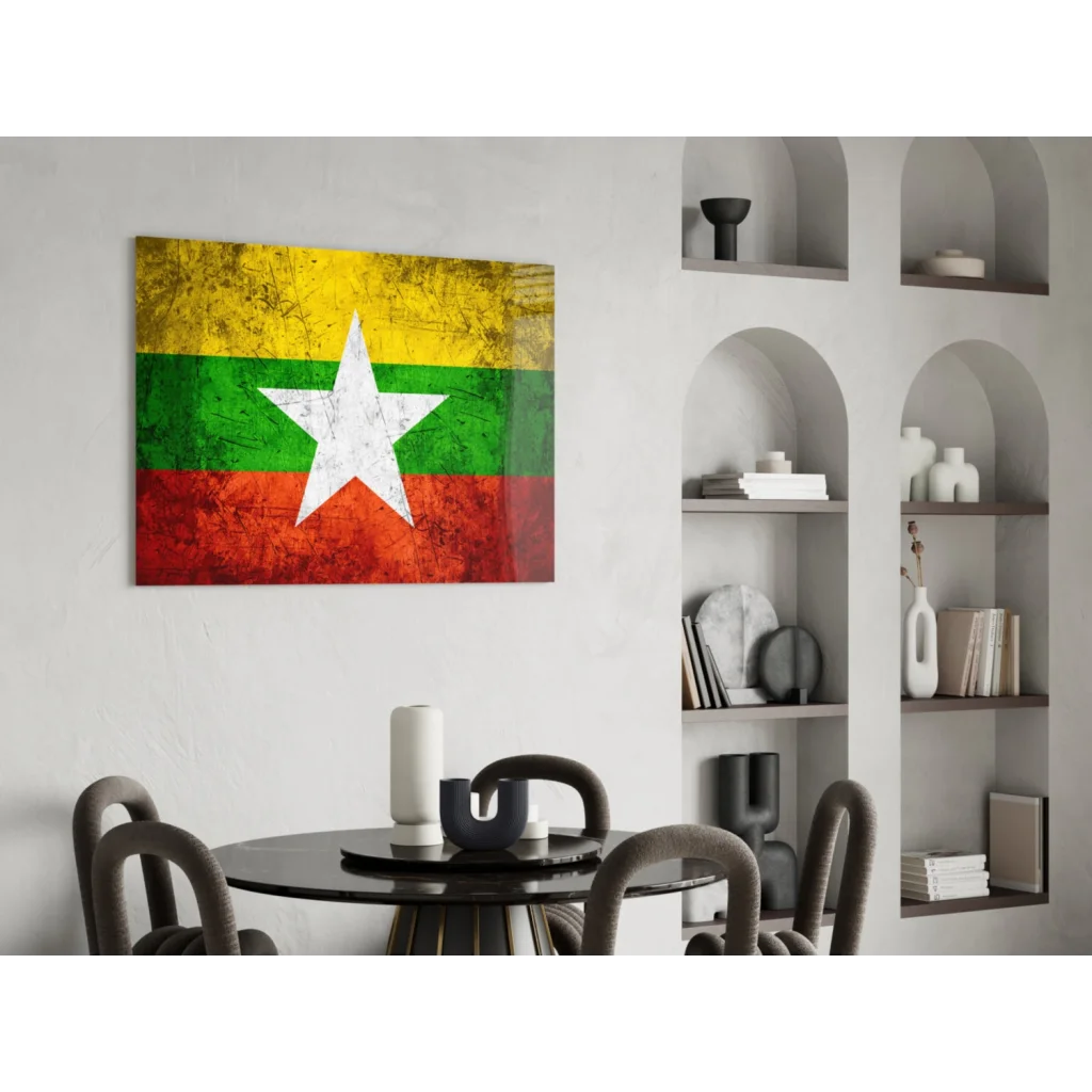 Distressed Myanmar flag canvas wall art with weathered texture