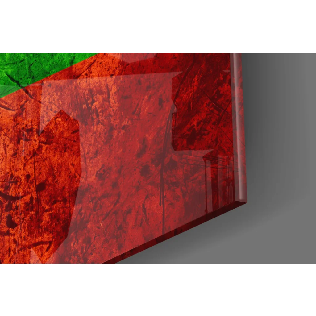 Vibrant red and green abstract glass wall art with textured translucent surfaces