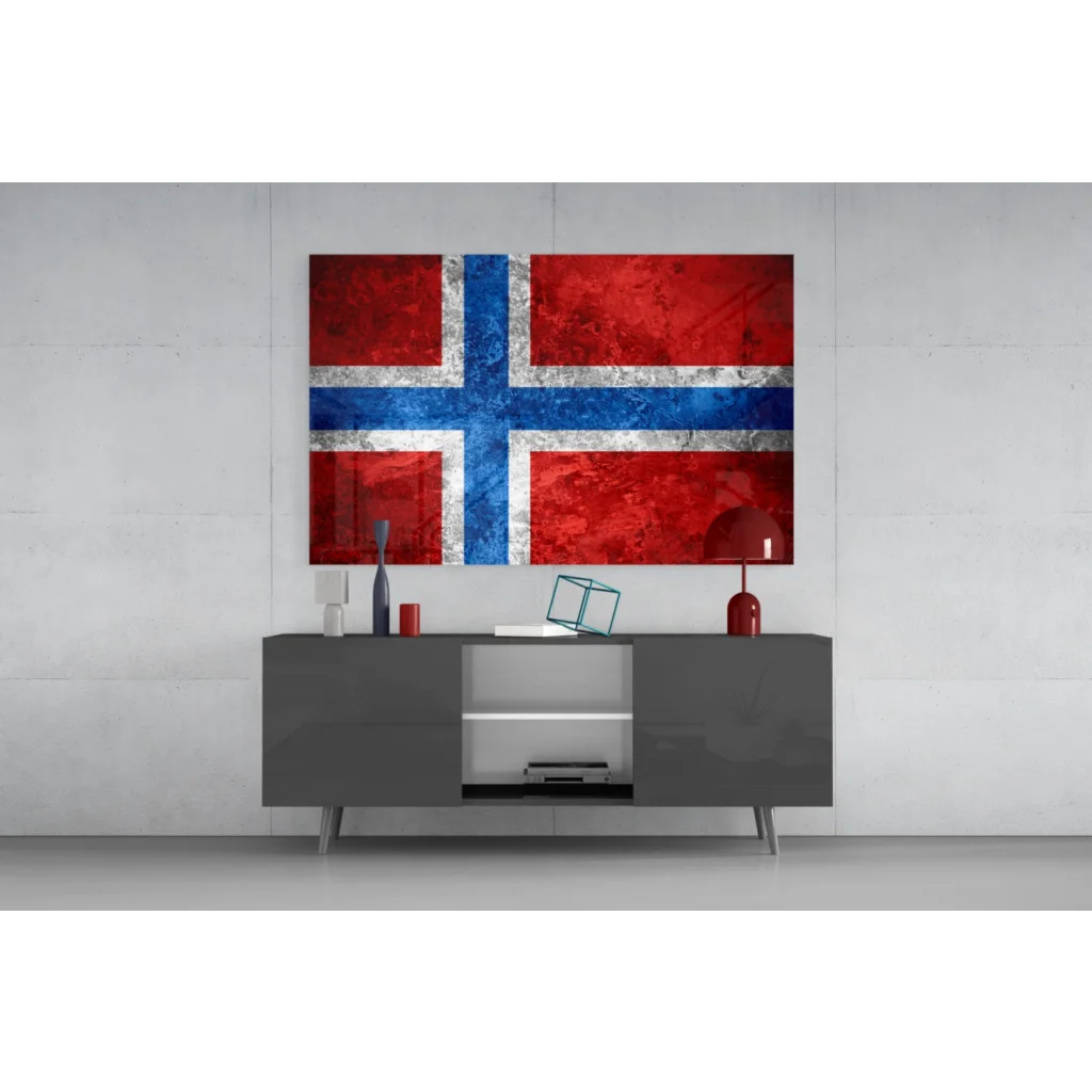Distressed Norwegian flag glass wall art in bold red and blue