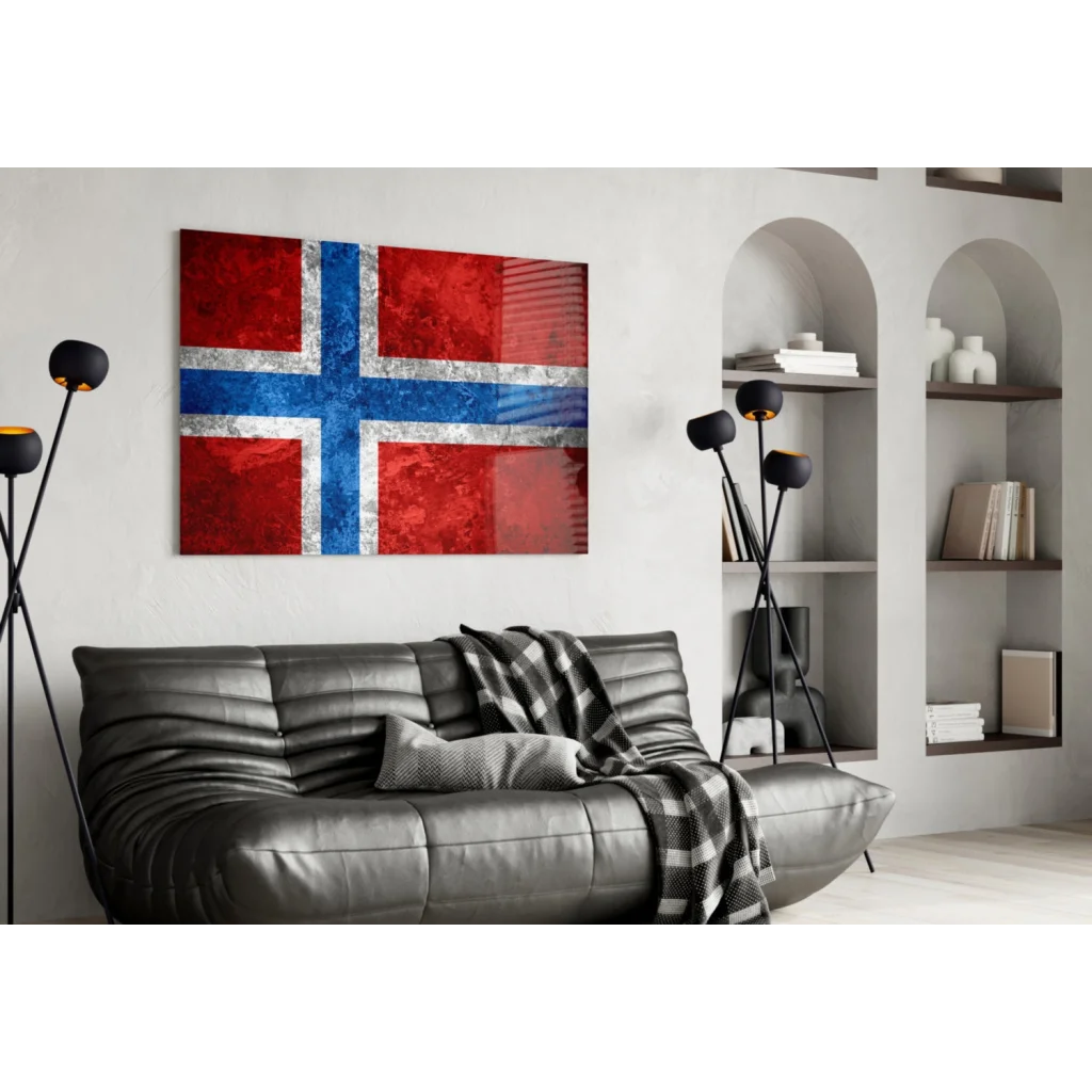 Textured Norwegian flag glass wall art on white wall