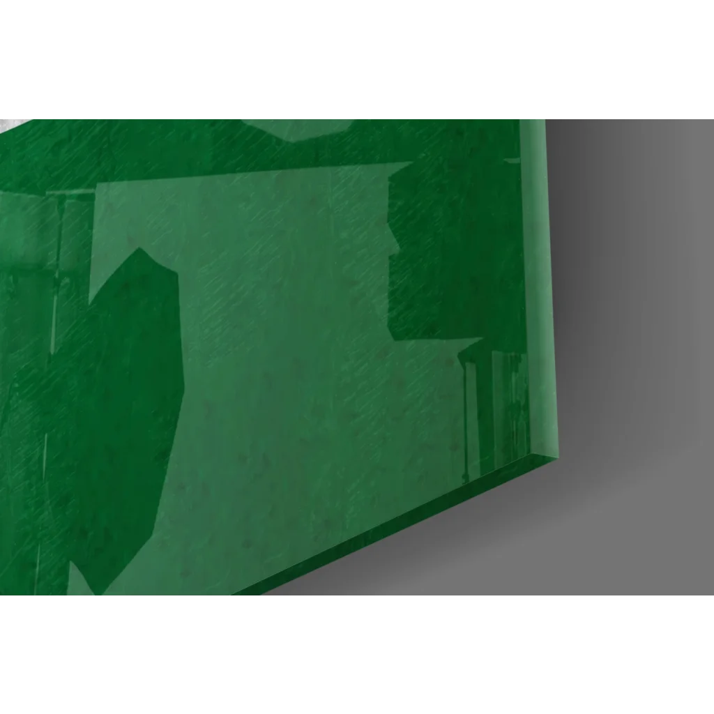 Sleek green glass wall art with geometric design and bold textured colors