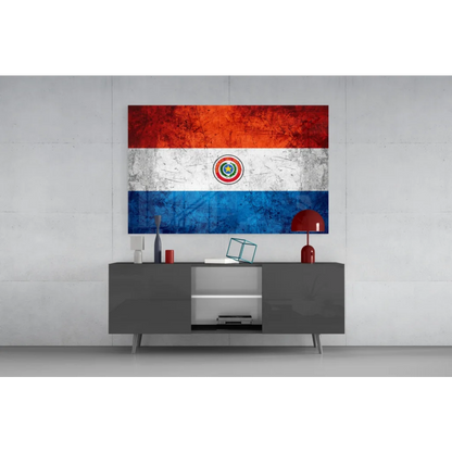 Distressed tri-color Paraguayan flag canvas wall art with emblem