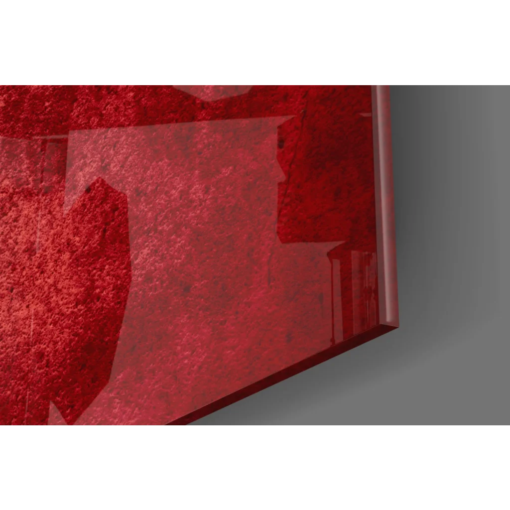 Vibrant red textured glass wall art panel with glossy angular finish
