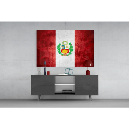 Vibrant Peruvian flag canvas wall art with textured finish above gray console