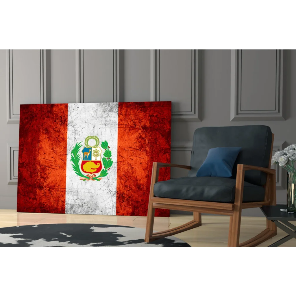 Vibrant Peruvian flag canvas wall art with red white emblem