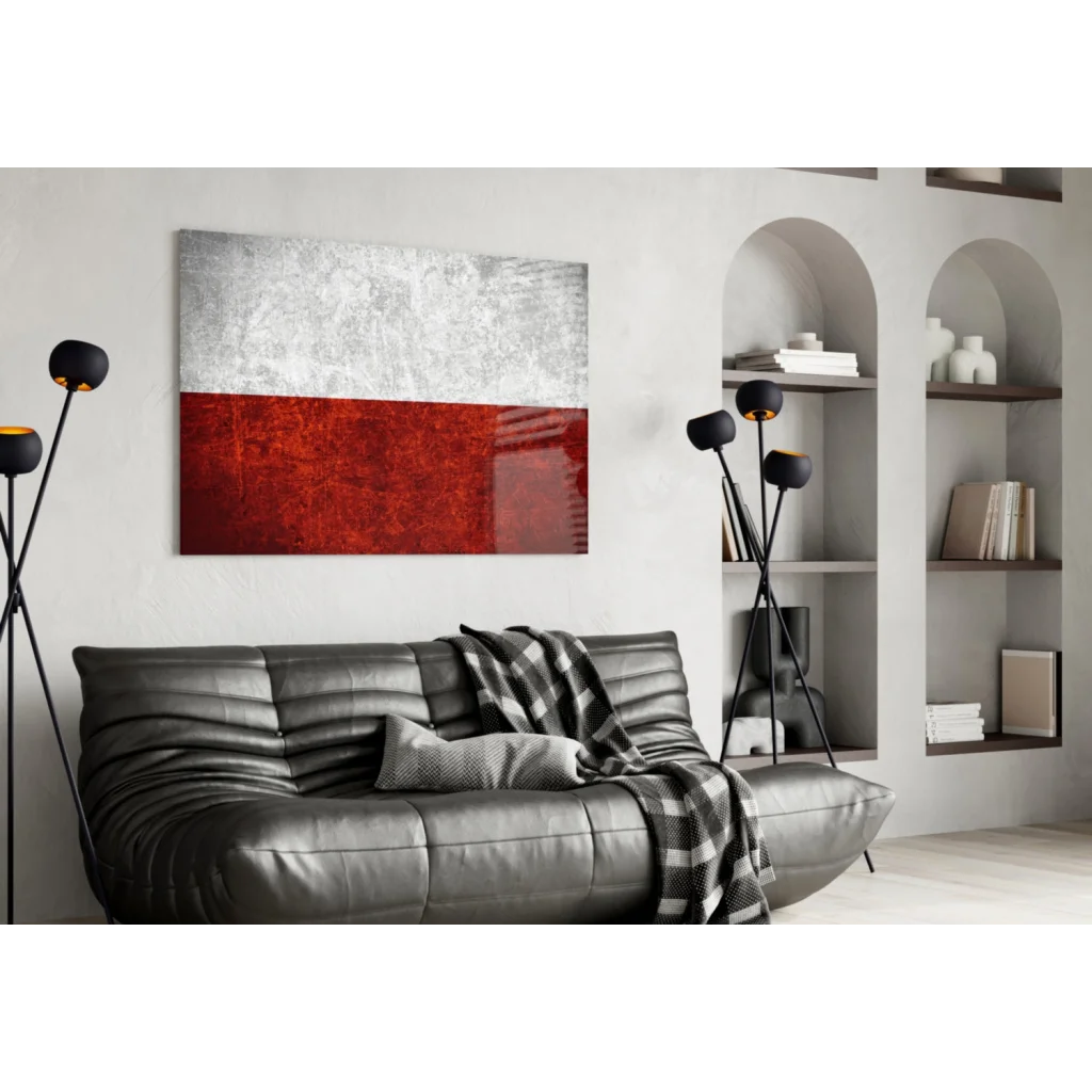 Modern Polish flag wall art canvas with textured silver and red split