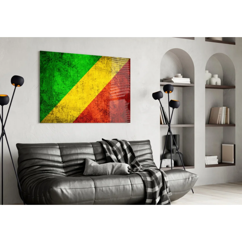 Distressed Congolese flag wall art canvas print in bold green yellow red stripes