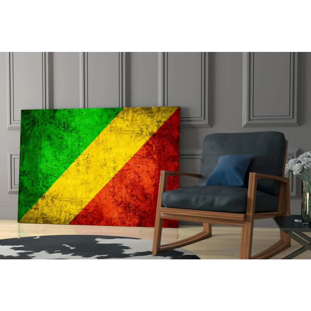 Distressed Congolese flag canvas wall art in bold green, yellow, red stripes