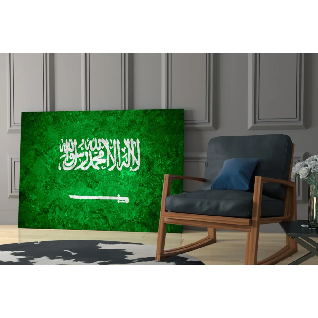 Stunning Saudi Arabia flag glass wall art canvas print with green canvas, white Arabic script and sword