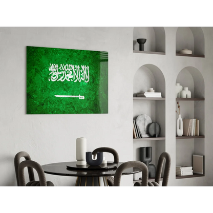 Stunning Saudi Arabia flag glass wall art with green design, white Arabic script and sword