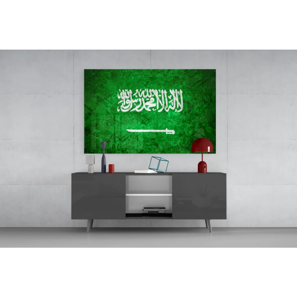 Stunning Saudi Arabia flag glass wall art with green canvas, white Arabic script and sword