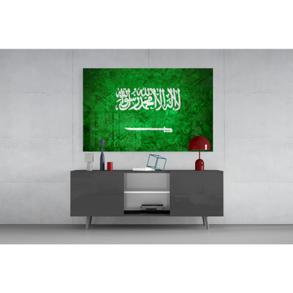 Stunning Saudi Arabia flag glass wall art with green canvas, white Arabic script and sword