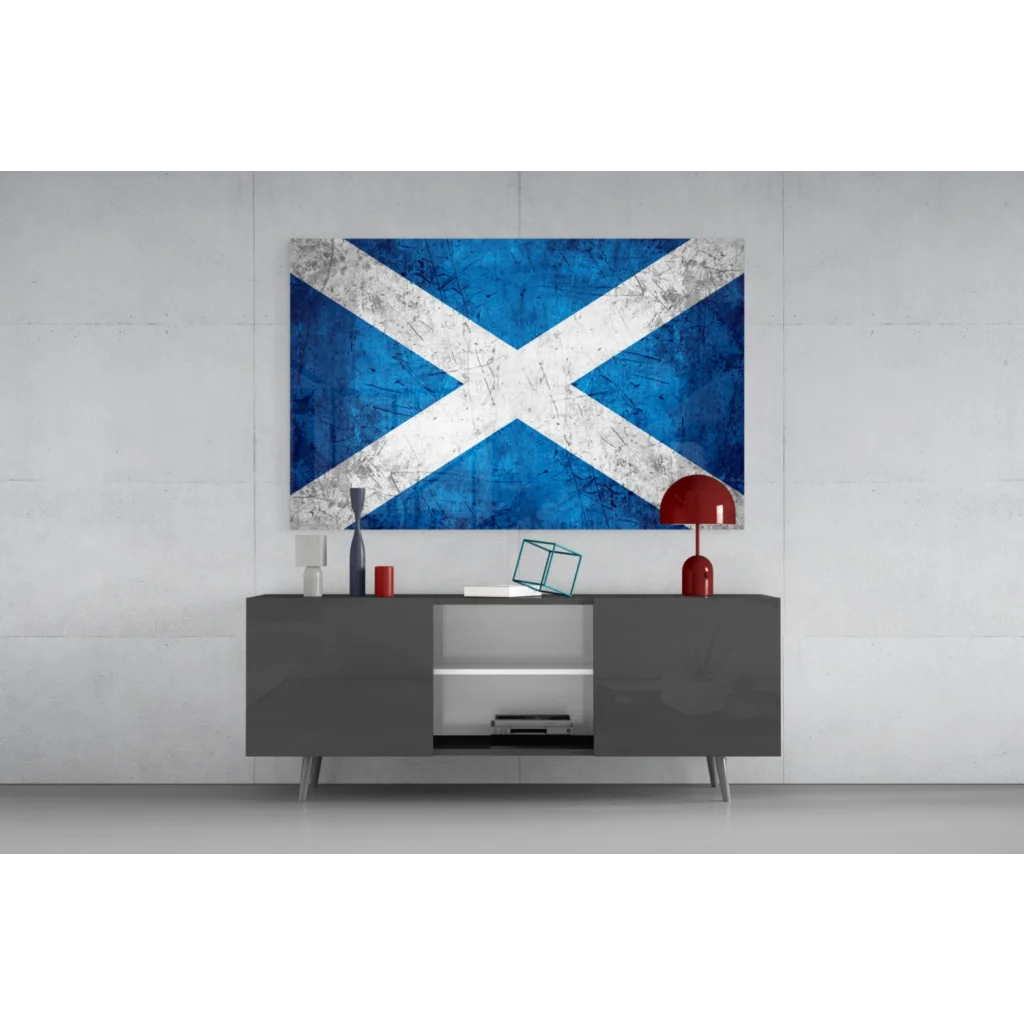 Weathered blue and white Scottish flag canvas wall art with distressed texture