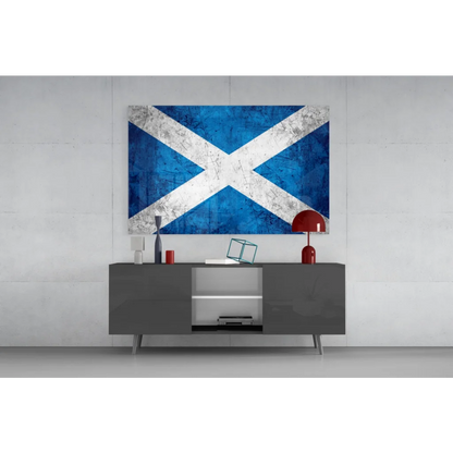 Weathered blue and white Scottish flag canvas wall art with distressed texture