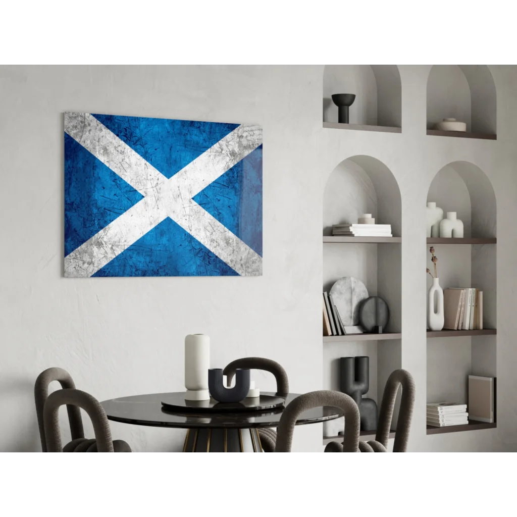 Weathered blue and white Scottish flag wall art with distressed texture
