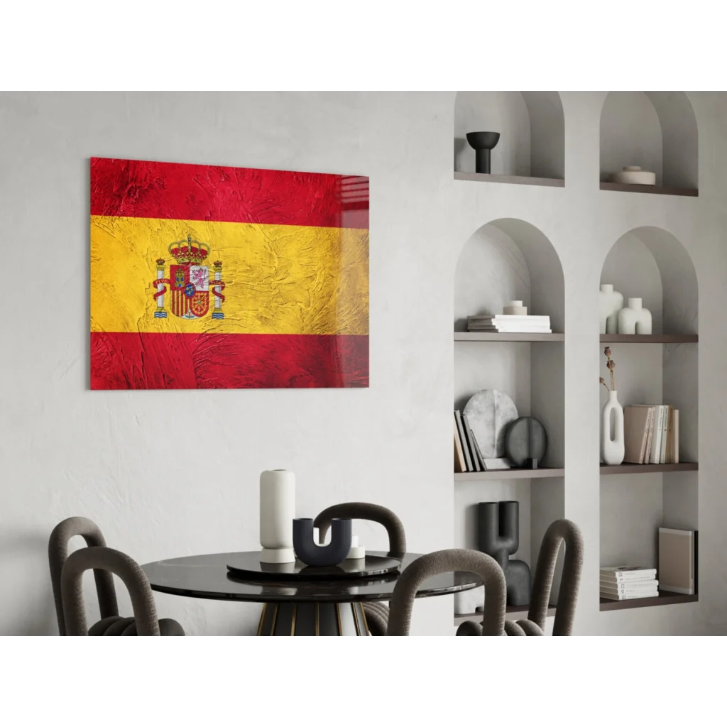 Vibrant Spanish flag textured glass wall art with royal coat of arms