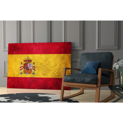 Vibrant Spanish flag textured canvas wall art with coat of arms