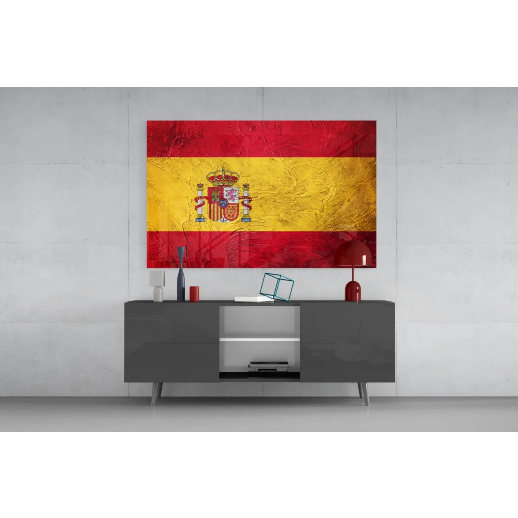 Vibrant Spanish flag textured canvas wall art with coat of arms