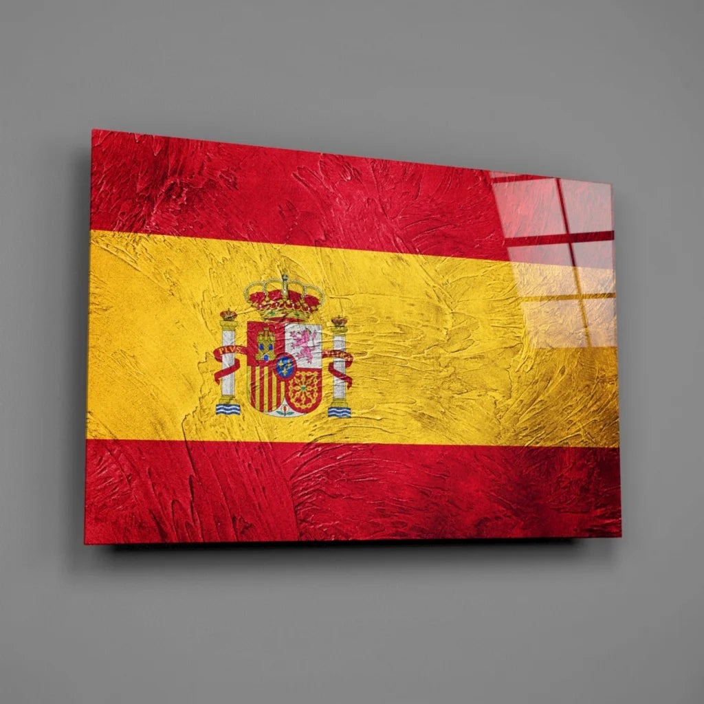 Spanish Flag Textured Canvas Wall Art with Coat of Arms | Glass Wall Art Print | vintageantiquesgifts.com