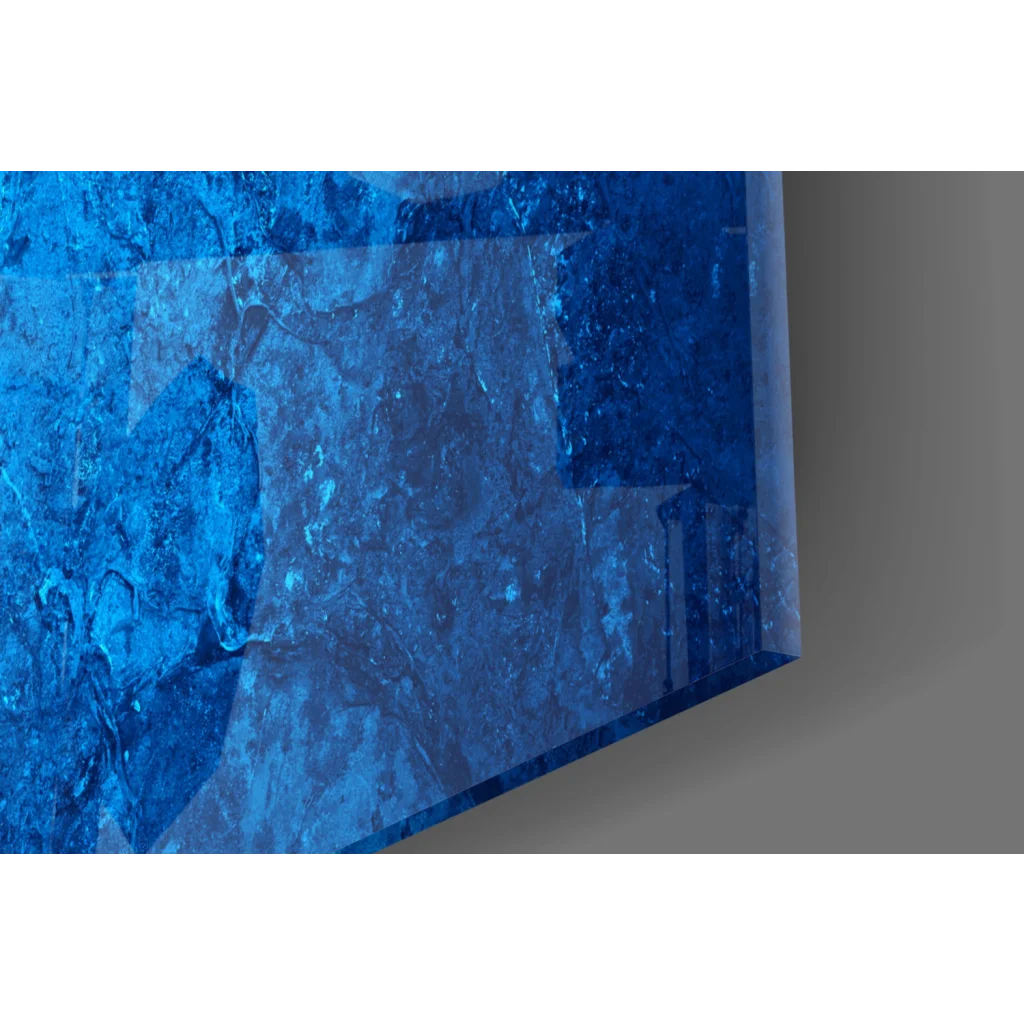 Vibrant blue translucent glass wall art with distressed Swedish flag texture