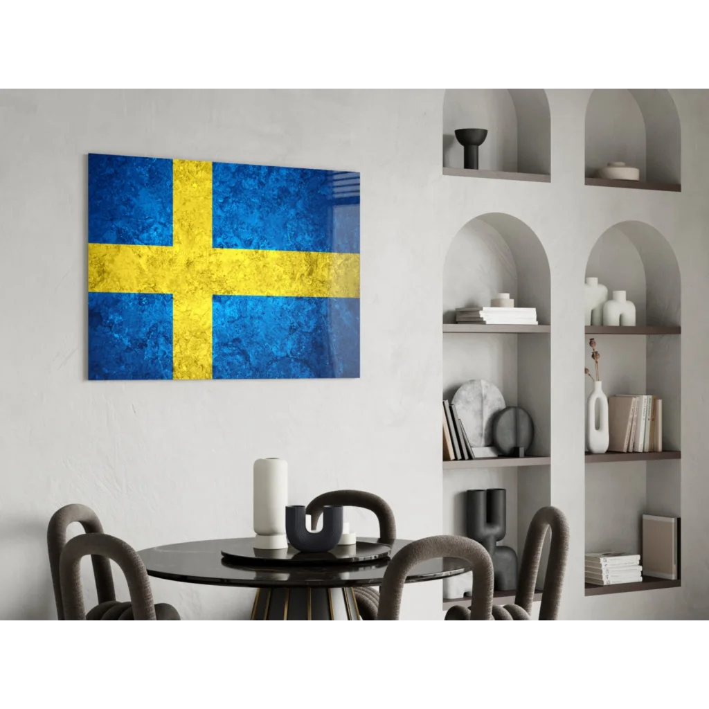 Distressed Swedish flag canvas wall art with glossy blue and golden cross texture