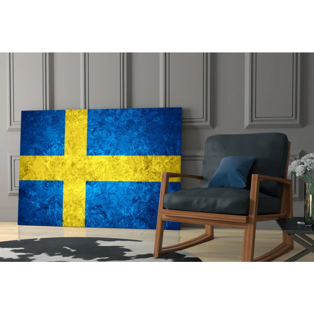 Distressed Swedish flag canvas wall art in blue yellow with metallic texture