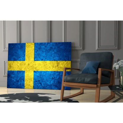 Distressed Swedish flag canvas wall art in blue yellow with metallic texture