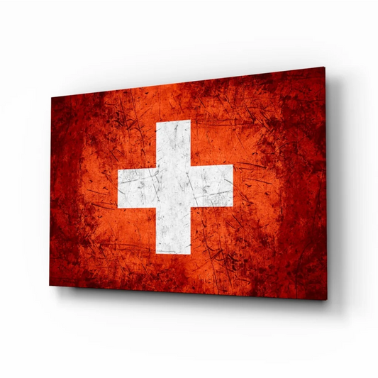 Distressed Swiss flag canvas wall art with bold red white texture