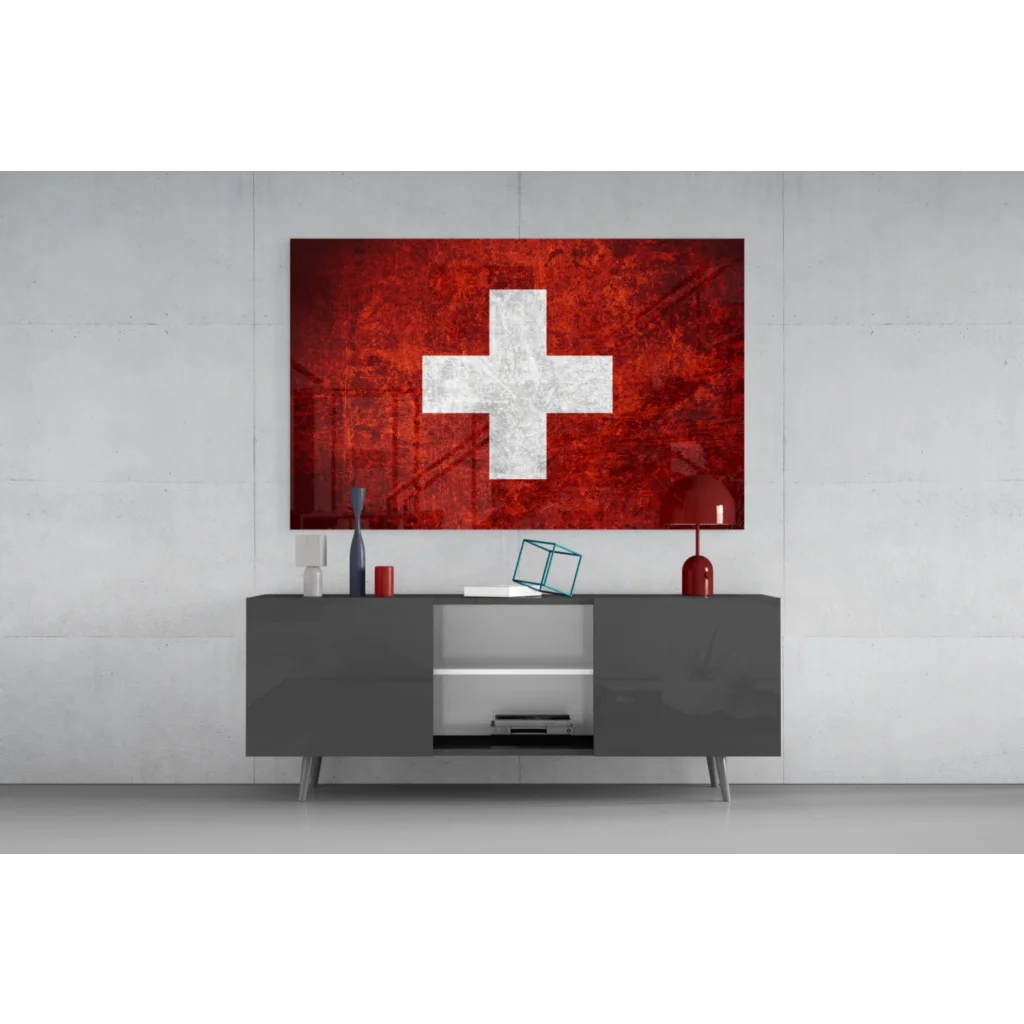 Distressed Swiss flag red canvas wall art with textured finish