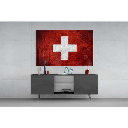 Distressed Swiss flag red canvas wall art with textured finish