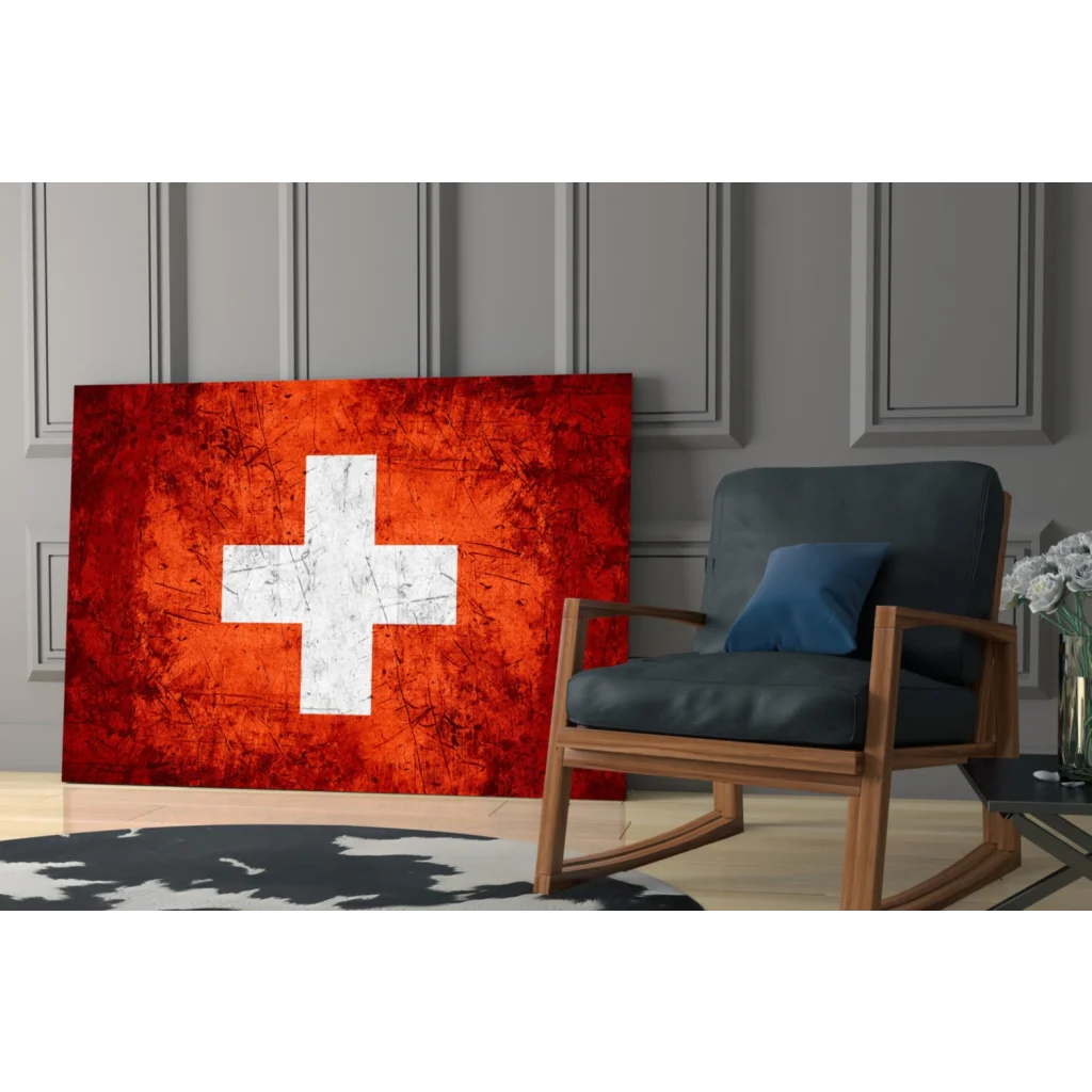 Distressed Swiss flag wall art on vibrant red canvas with textured white cross