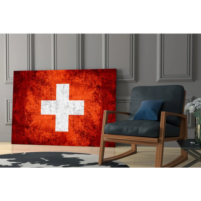 Distressed Swiss flag wall art on vibrant red canvas with textured white cross