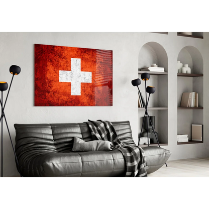 Distressed Swiss flag wall art in bold red and white on canvas