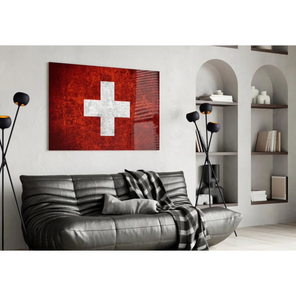 Distressed Swiss Flag Red Canvas Wall Art | Contemporary Home Wall Art | vintageantiquesgifts.com